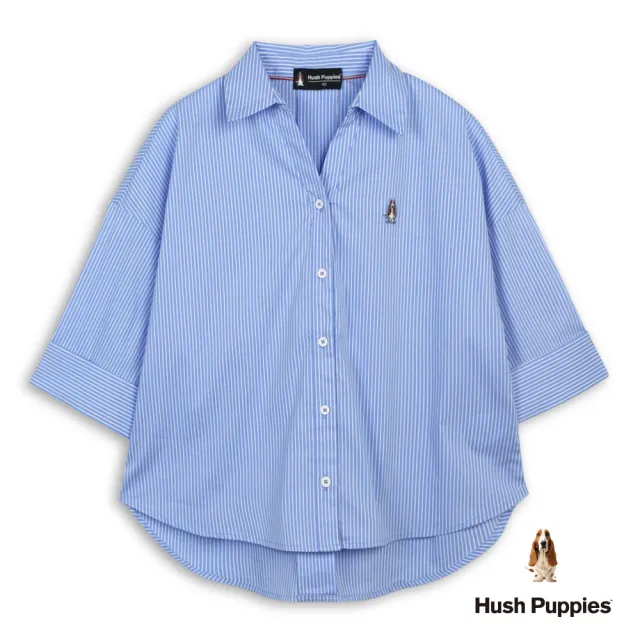 【Hush Puppies】女裝 襯衫 細直條紋刺繡小狗連袖襯衫 (藍/白條紋 / 64212101)