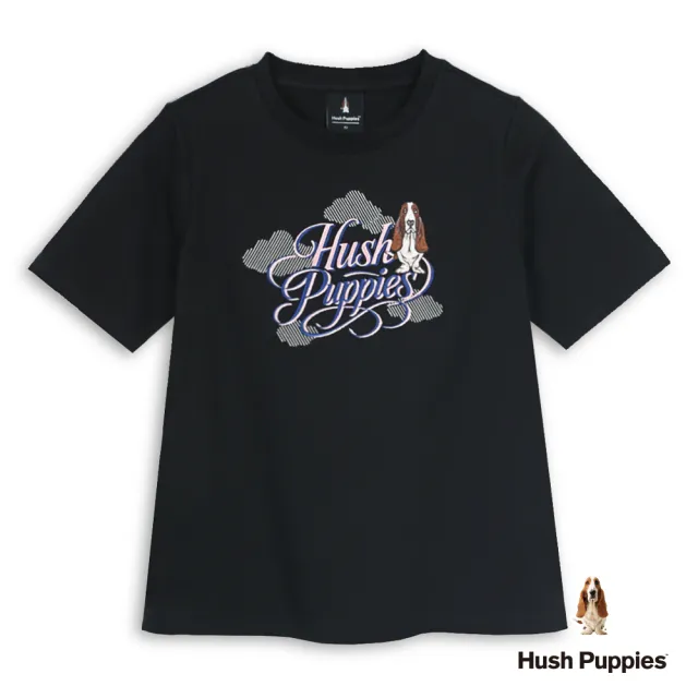 【Hush Puppies】女裝 T恤 雲朵造型配色英文刺繡狗T恤 (黑色 / 64211103)