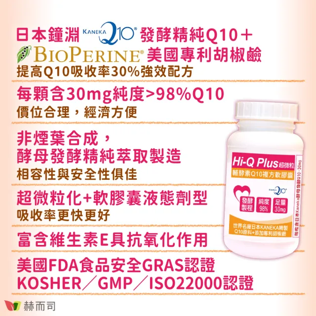 【赫而司】日本天然Q10*2罐(共60顆超微粒98%高純度Q10輔酵素+胡椒鹼+維生素E抗氧化促進新陳代謝)