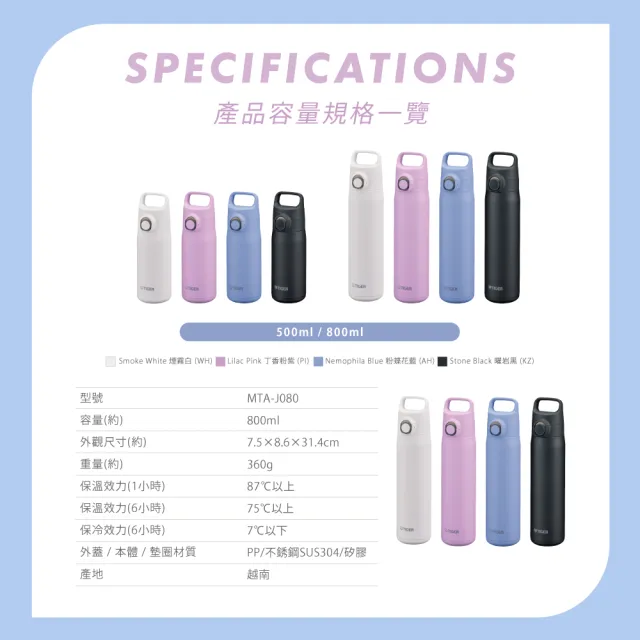 【TIGER 虎牌】momo獨家 買1送1 彈蓋雙層不鏽鋼保溫瓶 500+800ml(MTA-J輕量手提保溫杯)