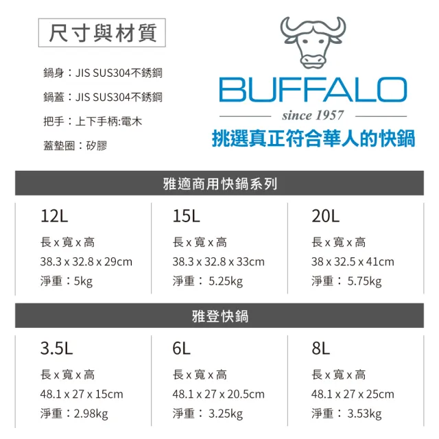 【Buffalo 牛頭牌】雅登快鍋8L(壓力鍋/304不銹鋼/SGS檢測安全無毒/電磁爐.IH爐可/營業用)