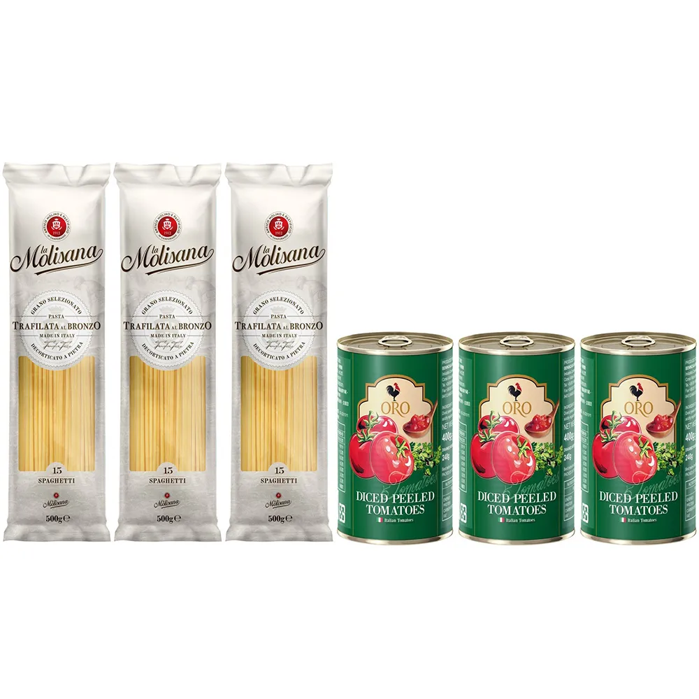 【Molisana 義大利茉莉】石臼碾磨-義大利直麵系列-500gx3包+ORO去皮切丁蕃茄罐頭400gx3罐-美味料理組