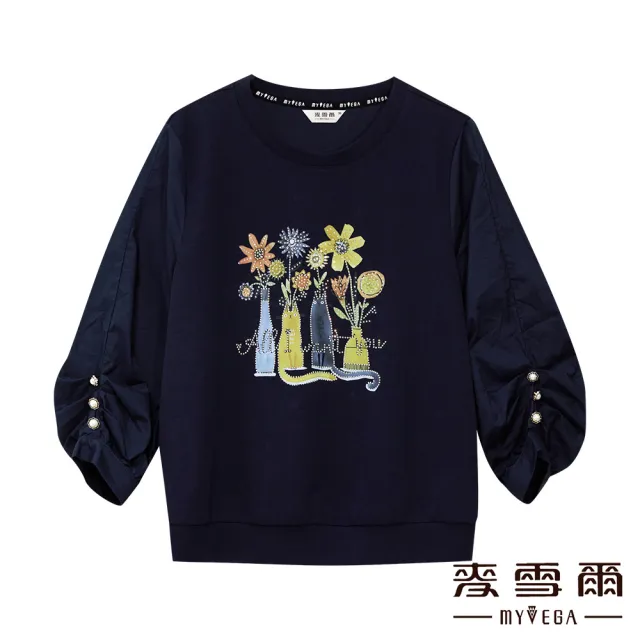 【MYVEGA 麥雪爾】異材質拼接燙鑽印花上衣-深藍
