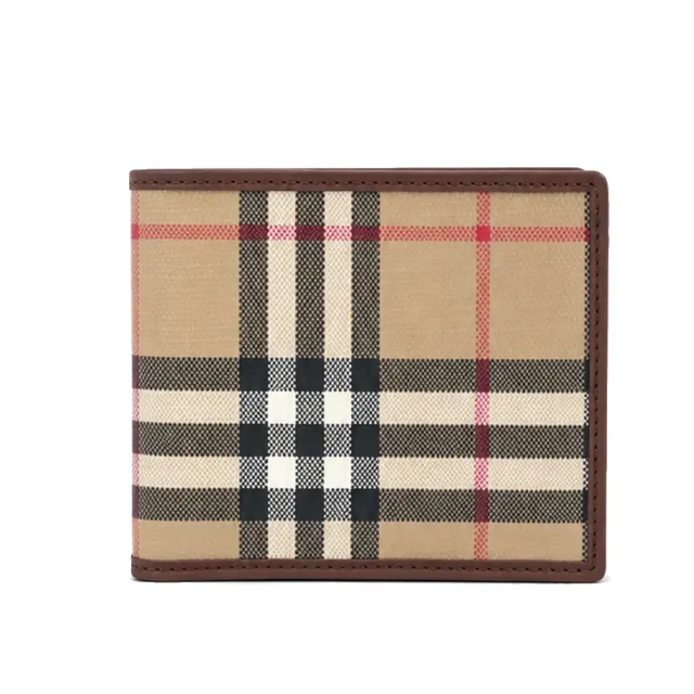 【BURBERRY 巴寶莉】經典格紋零錢帆布對開短夾(典藏米色)