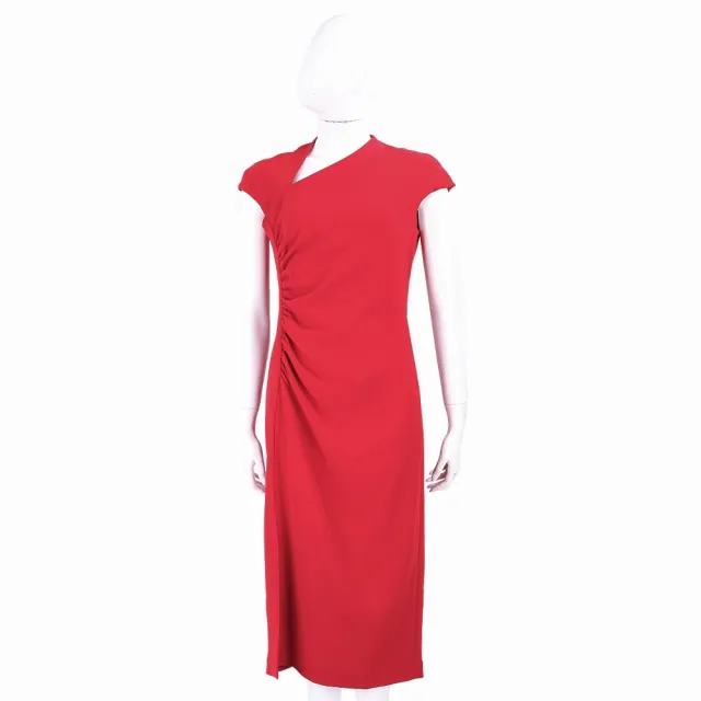 【MaxMara】Vermut 縐紗單側開衩紅色中長洋裝(義大利精品時裝)