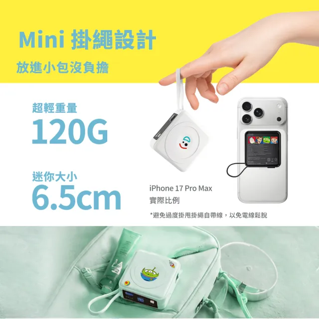 【YOMIX 優迷】迪士尼玩具總動員四合一安芯超迷你20W快充5000mAh半固態磁吸行動電源(自帶Type-C線)
