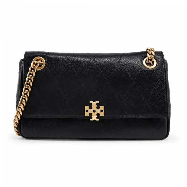 【TORY BURCH】CHARLIE 荔枝紋皮革菱格絎縫翻蓋肩背/斜背包(小/黑)