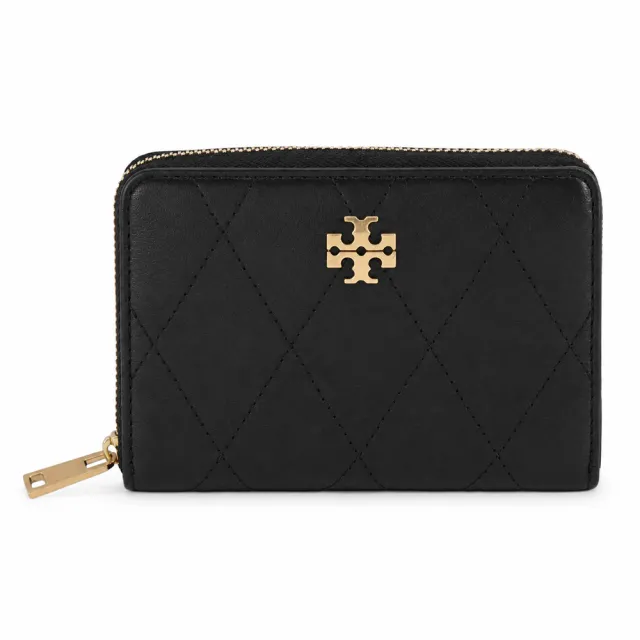 【TORY BURCH】CHARLIE 荔枝紋皮革絎縫拉鍊零錢夾(黑)