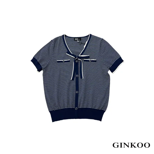 【GINKOO 俊克】前綁帶條紋針織上衣