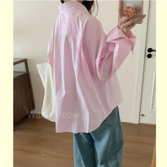 【Want-Meow】80公斤可穿/韓系減齡蝴蝶結繡花可愛棉質挺料上衣罩衫襯衫(大碼上衣/大碼/大尺碼/長袖襯衫)