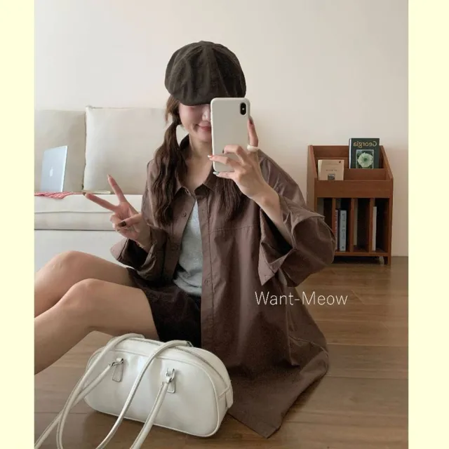 【Want-Meow】90公斤可穿/２件組兩件套裝襯衫+背心上衣寬肩帶背心長袖襯衫(大碼上衣/大碼/大尺碼/套裝)