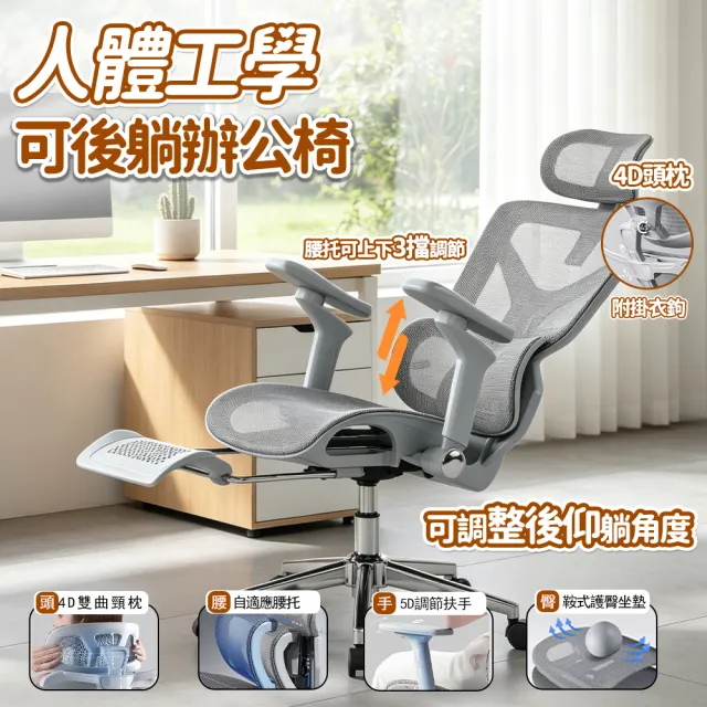 【小不記】人體工學椅 可躺電腦椅 5D扶手+4D頭枕 自適應腰托 腳踏 辦公椅 電競椅 久坐舒適 電腦椅