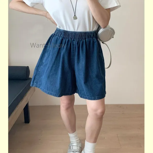 【Want-Meow】70公斤可穿/寬鬆鬆緊腰顯瘦A字牛仔闊腿褲闊腿短褲(大碼/大尺碼/加大碼/短褲)