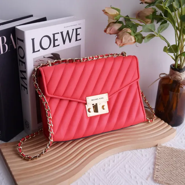 【Michael Kors】Rose 小香風斜格紋手拿斜背三用鍊包(全新福利品)