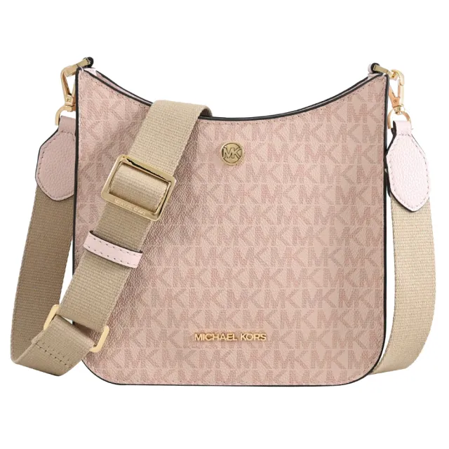 【Michael Kors】圓標LOGO滿版MK活動寬背帶個性斜背包(芭蕾粉 小)
