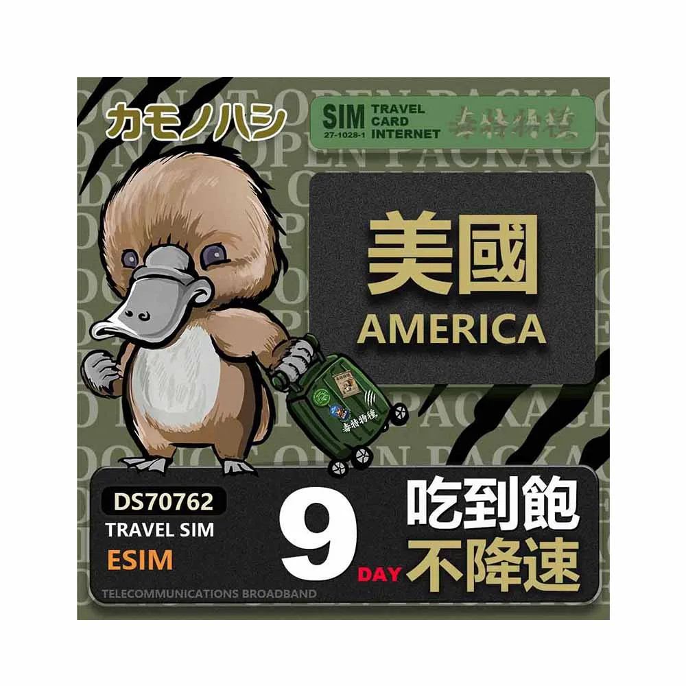 【鴨嘴獸Platypi.IF】美國eSIM 9天 吃到飽不降速 上網卡(美國上網卡 免換卡 吃到飽上網卡)