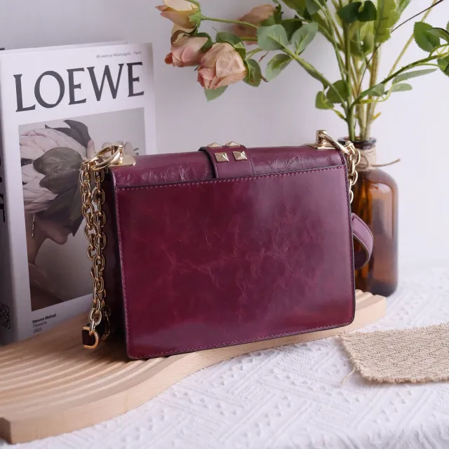 【Michael Kors】圓標金屬MK轉釦鉚釘拼接雙蓋肩斜三用鍊包淑女包(酒紅)