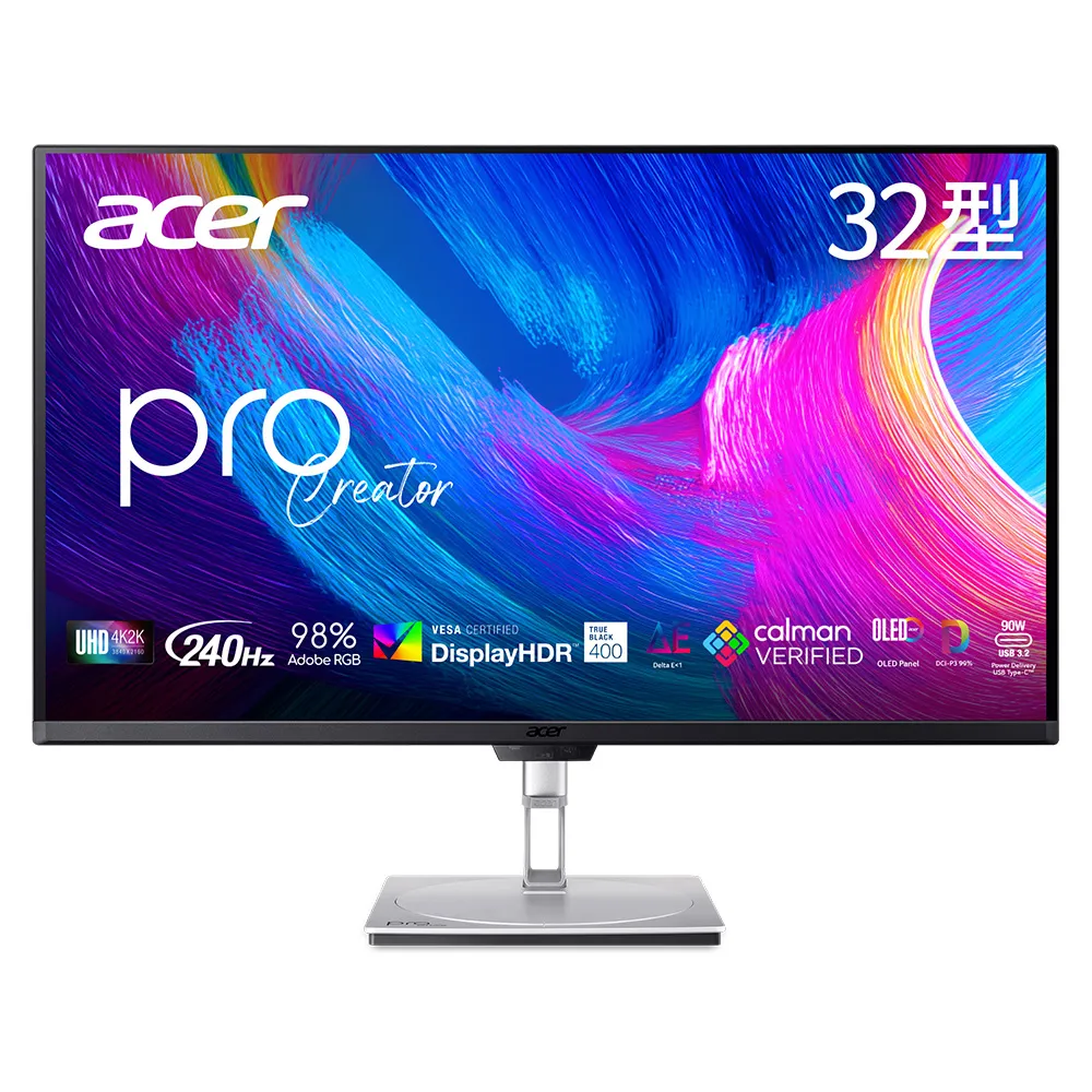 【Acer 宏碁】PE320QK X 32型專業繪圖AI電競螢幕(Procreator/4K/16:9/240Hz/ HDR 400/0.01ms/QD-OLED)