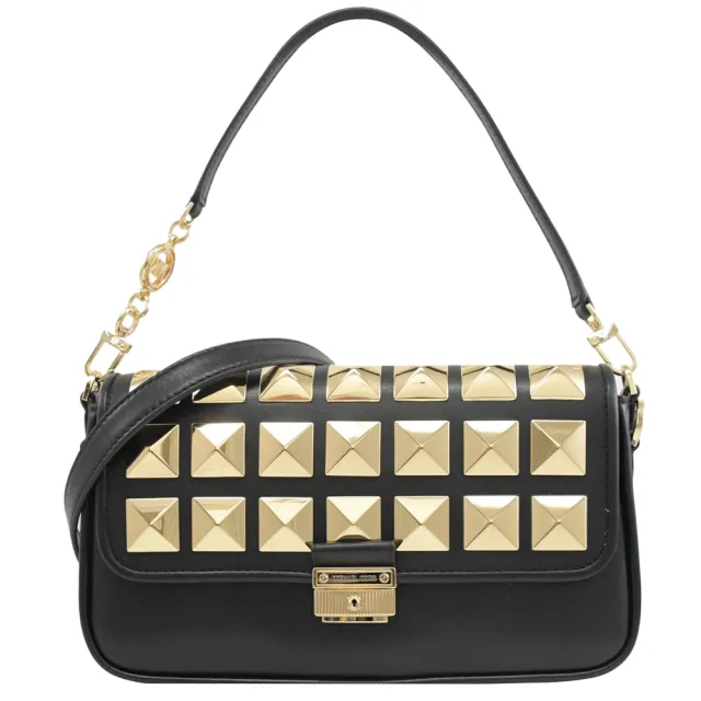 【Michael Kors】經典LOGO壓釦鉚釘翻蓋肩斜兩用包學院包(黑)