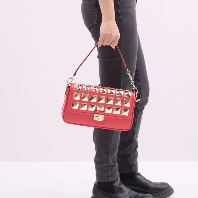 【Michael Kors】經典LOGO壓釦鉚釘翻蓋肩斜兩用包學院包(橘紅)
