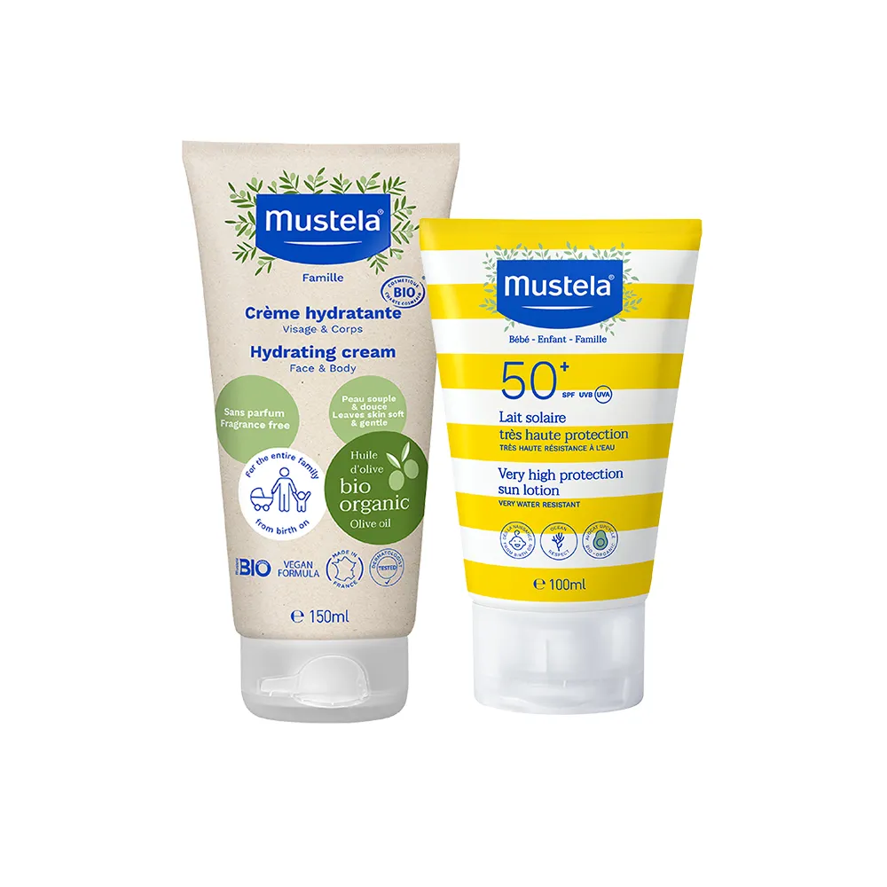 【Mustela 慕之恬廊】兒童防曬有機舒緩組(兒童防曬乳100ml+有機好橄潤膚乳150ml 寶寶/孕婦防曬 防水)