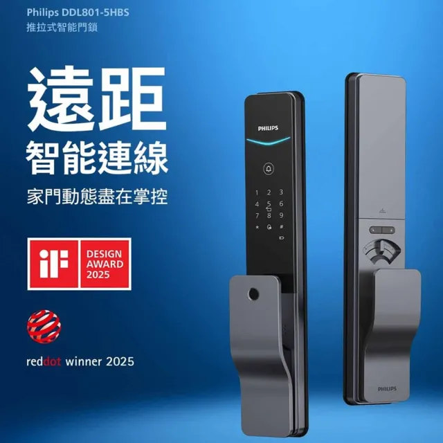 【Philips 飛利浦】DDL801 五合一推拉式智能門鎖/電子鎖(指紋│卡片│密碼│鑰匙│WIFI/含安裝)