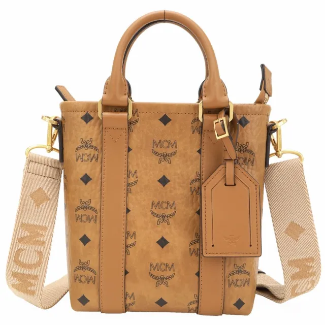 【MCM】Visetos Aren 行李吊牌 經典老花塗層帆布手提/斜背托特包(干邑棕)(肩背 兩用包 琴譜包)