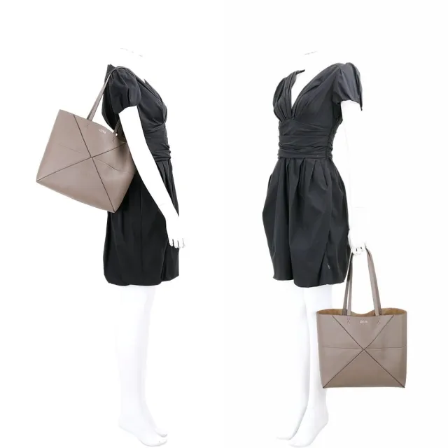 【LOEWE 羅威】Puzzle Fold 中號 粒面小牛皮 可折疊 肩背拼圖托特包(附收納袋/灰褐)(大容量 通勤包)