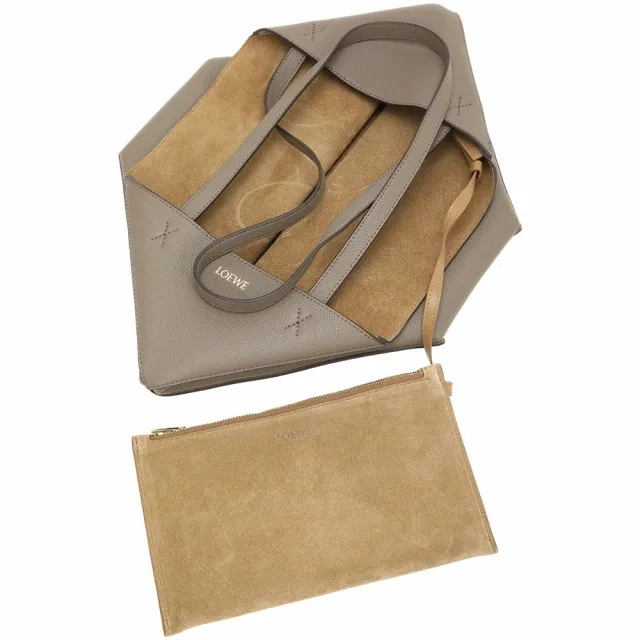 【LOEWE 羅威】Puzzle Fold 中號 粒面小牛皮 可折疊 肩背拼圖托特包(附收納袋/灰褐)(大容量 通勤包)