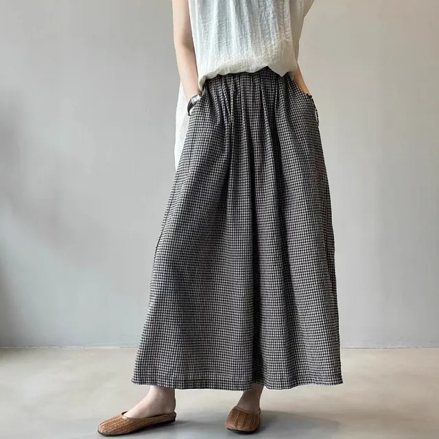 【ASister 小姊姊】AS2674#女裝｜休閒褲☆中大尺碼鬆緊帶棉麻格子9分寬褲(黑色 M-2XL)