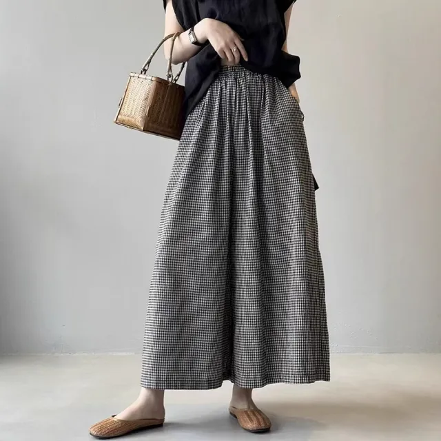 【ASister 小姊姊】AS2674#女裝|休閒褲☆中大尺碼鬆緊帶棉麻格子9分寬褲(黑色 M-2XL)