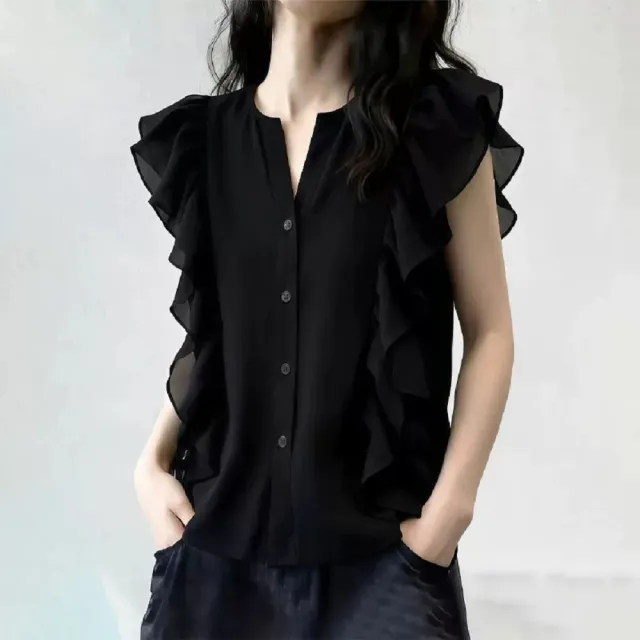 【ASister 小姊姊】AS2676#女裝｜上衣☆法式V領荷葉邊切袖排釦上衣(黑色 S-XL)