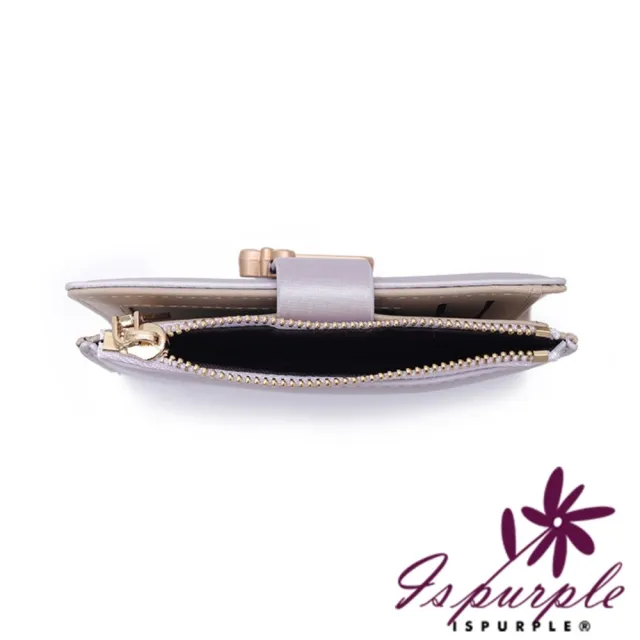 【iSPurple】雙11 清秀蝴蝶結 壓紋皮輕薄摺疊零錢短夾/黑