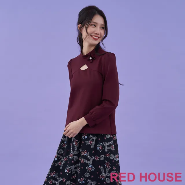 【RED HOUSE 蕾赫斯】鏤空剪接小立領上衣(酒紅色)