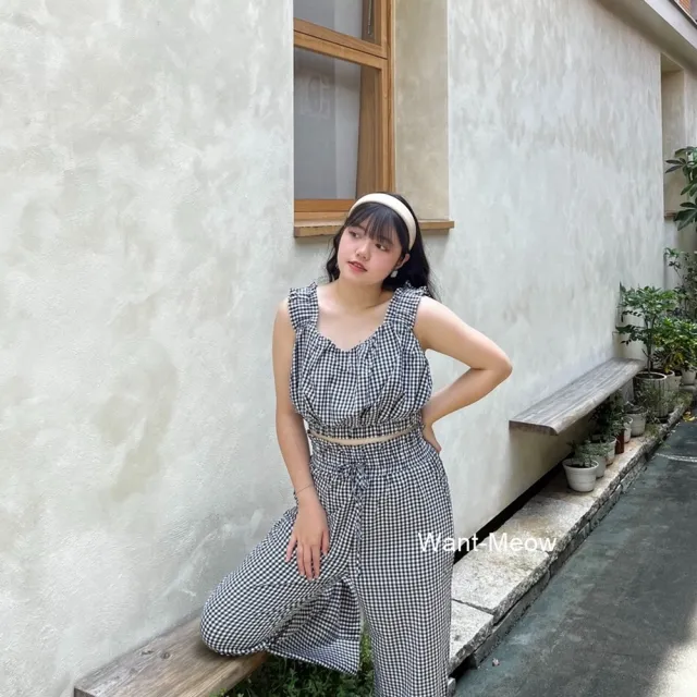 【Want-Meow】90公斤可穿/２件組兩件套裝背心+長褲韓系格紋背心套裝(大碼上衣/大碼/大尺碼/套裝)
