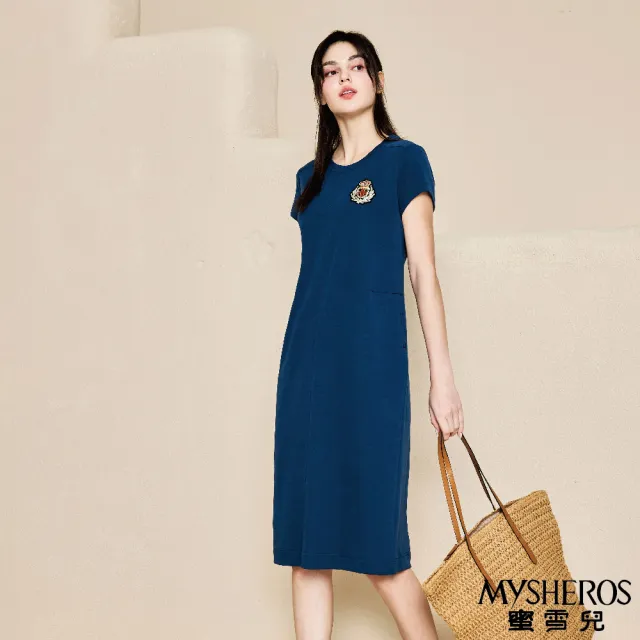 【MYSHEROS 蜜雪兒】造型休閒連身洋裝 徽章設計 顯瘦修身(藍)