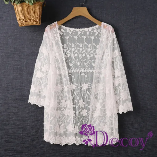 【Decoy】鏤空刺繡 七分袖透膚夏季罩衫外套/白