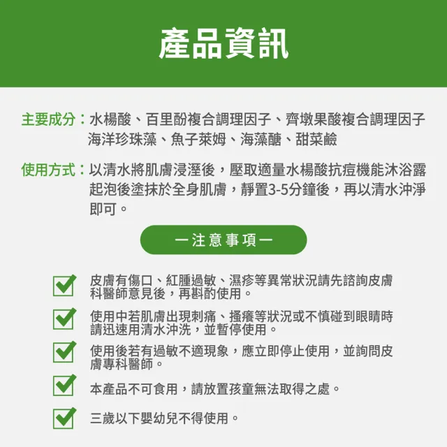 【FJ 豐傑生醫】水楊酸抗痘機能沐浴露-500ml/瓶X3入(胸背部痘痘沐浴乳x收斂毛孔x幫助角質代謝抗菌)