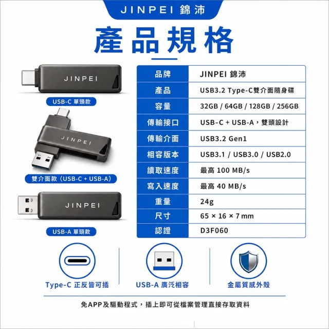【JINPEI 錦沛】64GB USB3.2 Type-C雙介面隨身碟