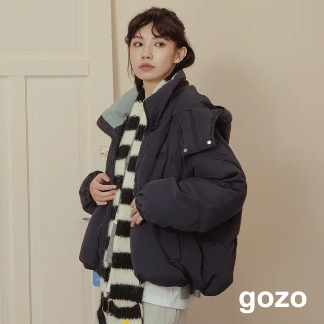 【gozo】撞色蓬蓬連帽羽絨外套(兩色)