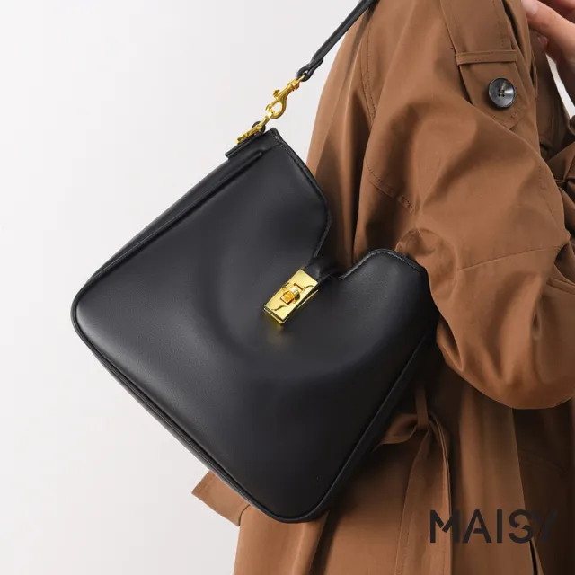【MAISY】時尚簡約金屬百搭大容量鎖扣單肩包 斜背包(米白色 / 金棕色 / 黑色)