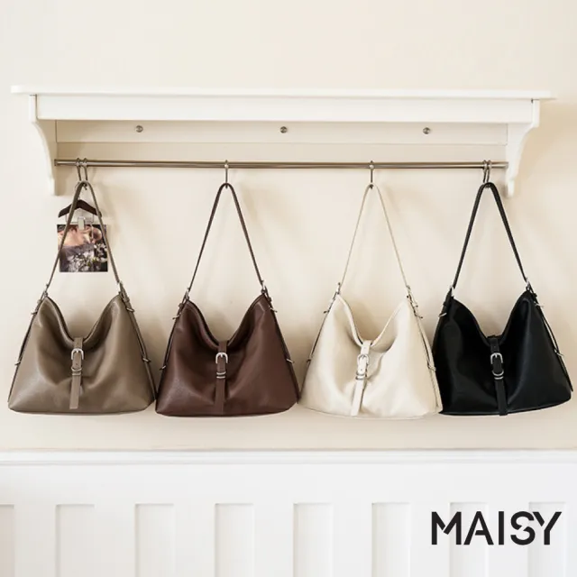 【MAISY】韓系個性銀扣質感荔枝紋腋下包 單肩包(奶白色 / 卡其灰 / 摩卡棕 / 黑色)