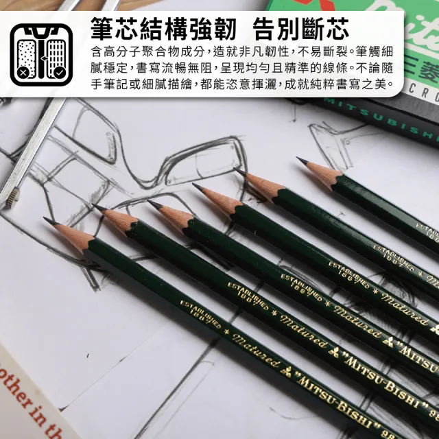 【uni】六角原木抗污鉛筆 9800製圖鉛筆 2B 3入組 (12入/盒)