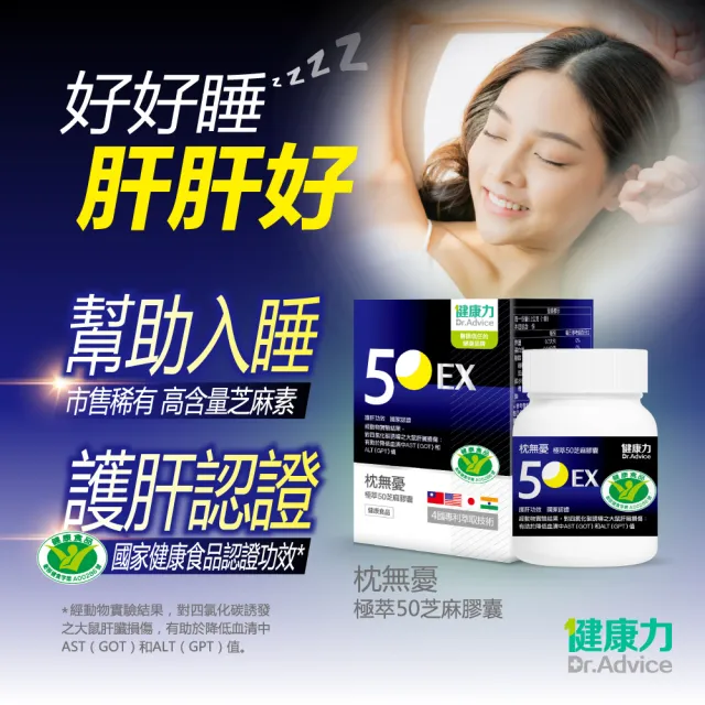 【Dr.Advice 健康力】枕無憂極萃50芝麻膠囊30顆x2盒_共60顆(芝麻素 幫助入睡 護肝認證 高純度)
