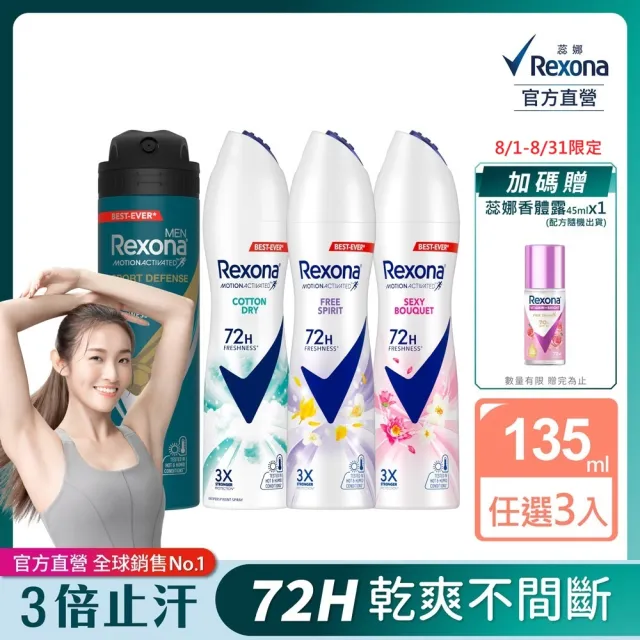 【Rexona 蕊娜】官方直營 制汗止汗爽身噴霧 3倍制汗系列 3入