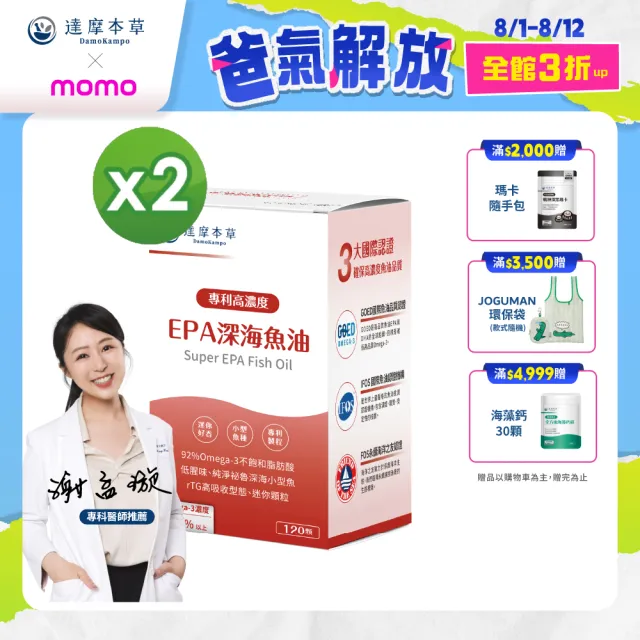 【達摩本草】高濃度EPA 專利深海魚油 2入組 120顆/盒(專科醫生推薦、特金獎肯定)
