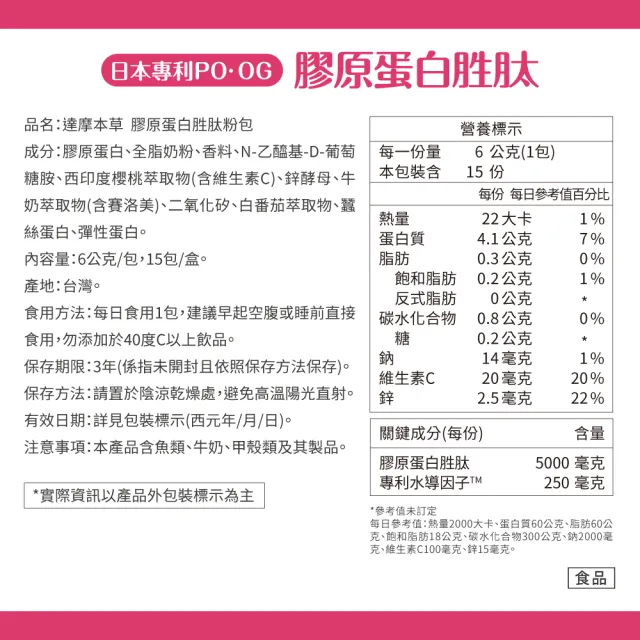 【達摩本草】膠原蛋白胜肽粉包4入15包/盒(日本PO·OG膠原、業界首創專利水導因子)