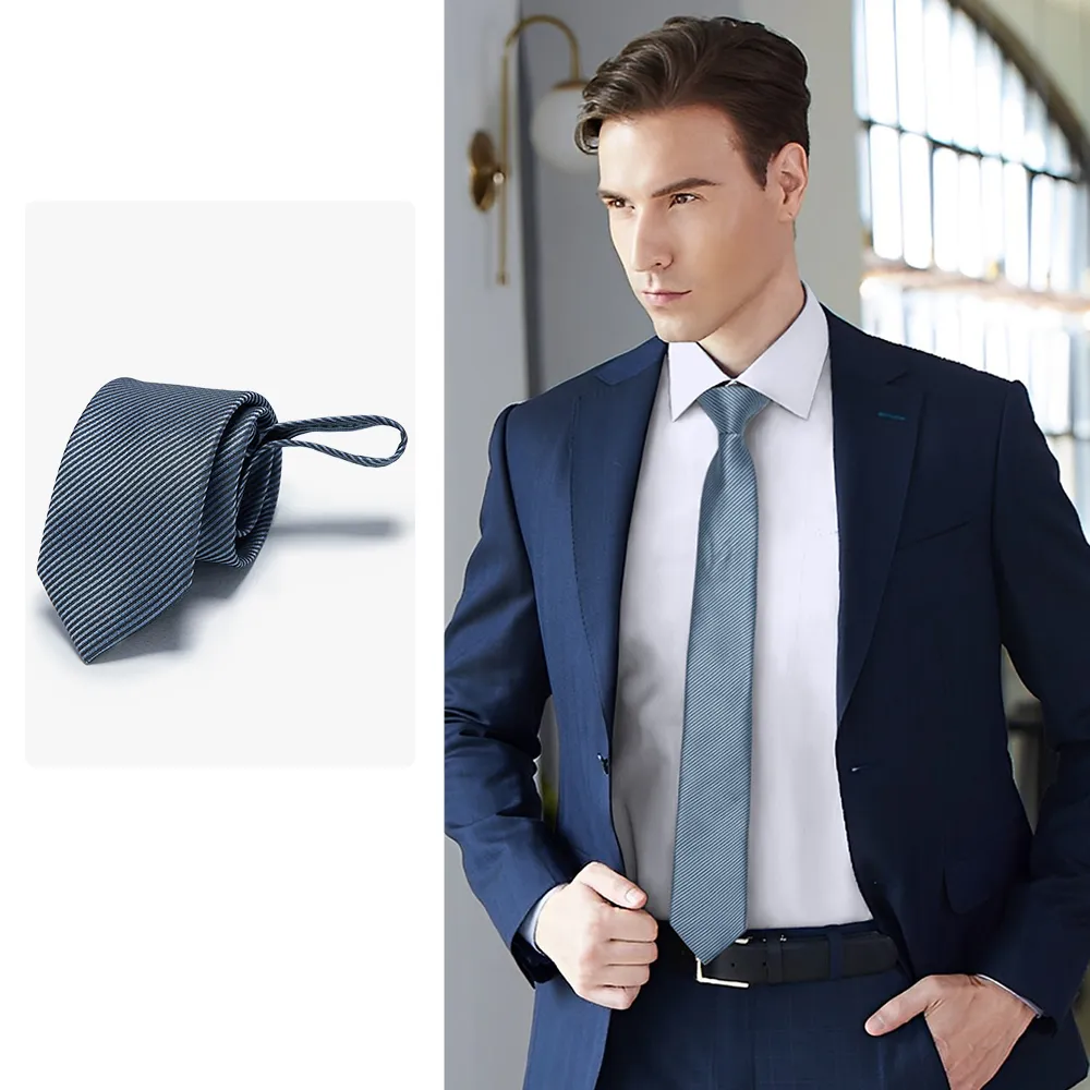 【pierre cardin 皮爾卡登】拉鍊式易拉免打結精緻緹花條紋商務百搭領帶-灰藍色(AD123-02)