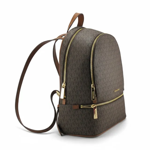 【Michael Kors】RHEA新款滿版PVC LOGO寬底皮革雙層後背包35S5GRAB2B(深咖)
