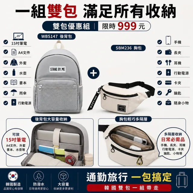 【WHOSE BAG】雙11 買一送一 韓國製15吋筆電後背包+防潑水胸包 大容量雙包組 WBS147